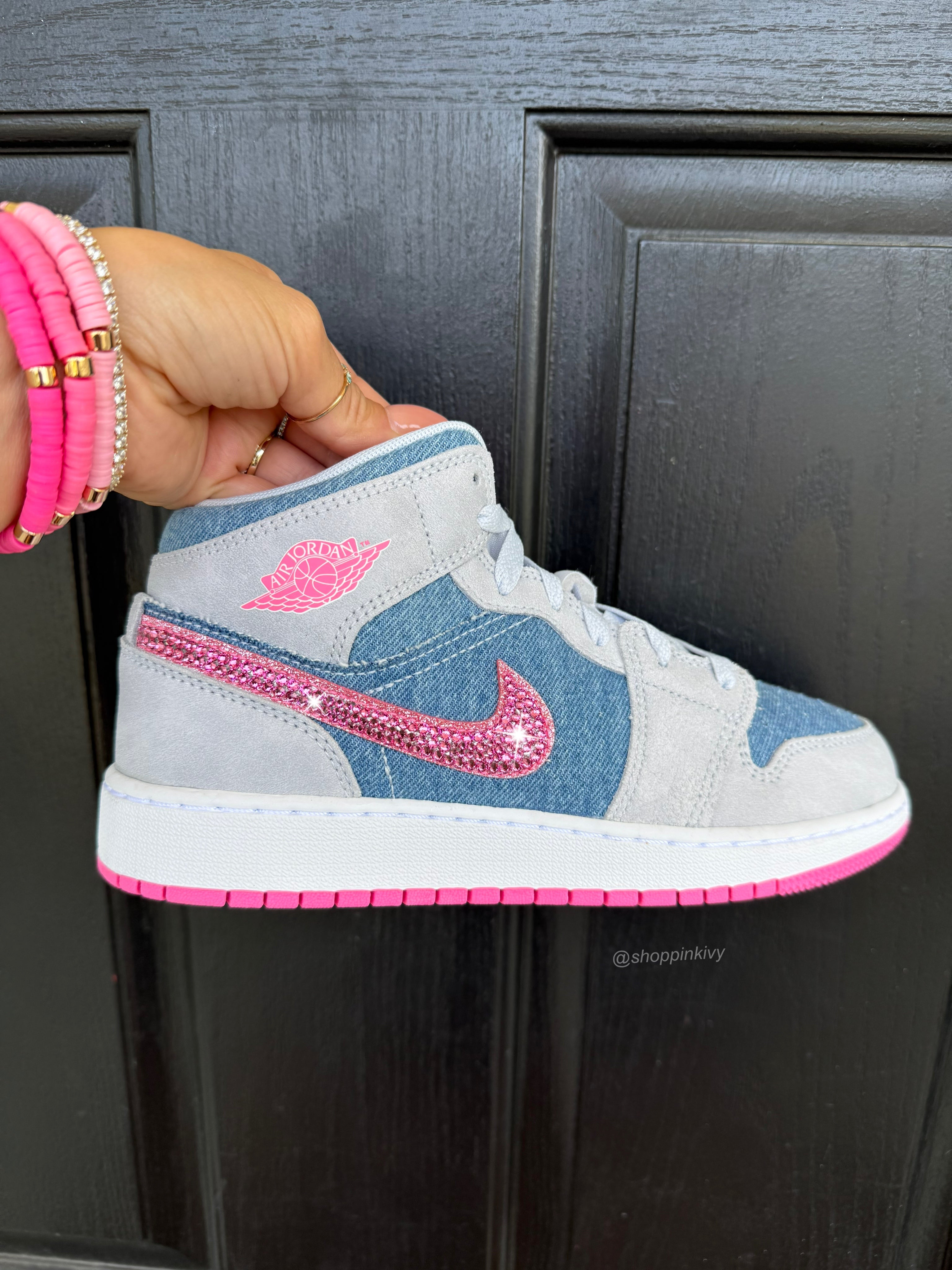Barbie Pink Denim Swarovski Women’s Air Jordan 1 Mid Shoes