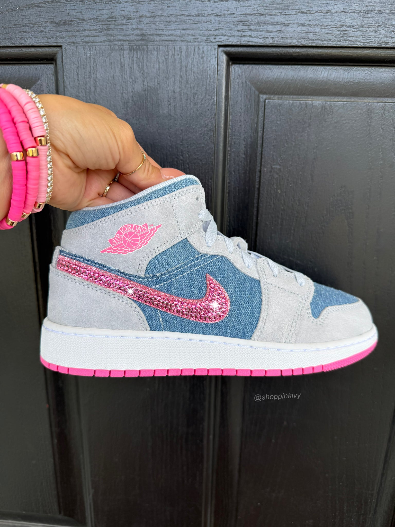 Barbie Pink Denim Swarovski Women’s Air Jordan 1 Mid Shoes