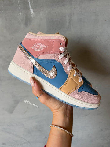 Neutral Pinks Blue Swarovski Air Jordan 1 Mid Shoes