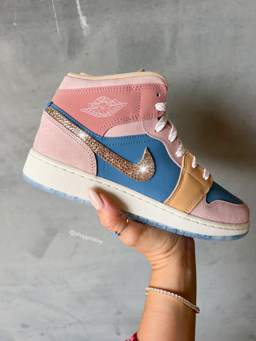 Neutral Pinks Blue Swarovski Air Jordan 1 Mid Shoes