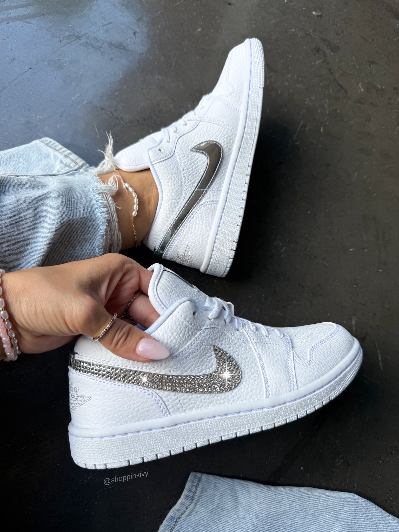 White Metallic Swarovski Women’s Air Jordan 1 Low Shoes