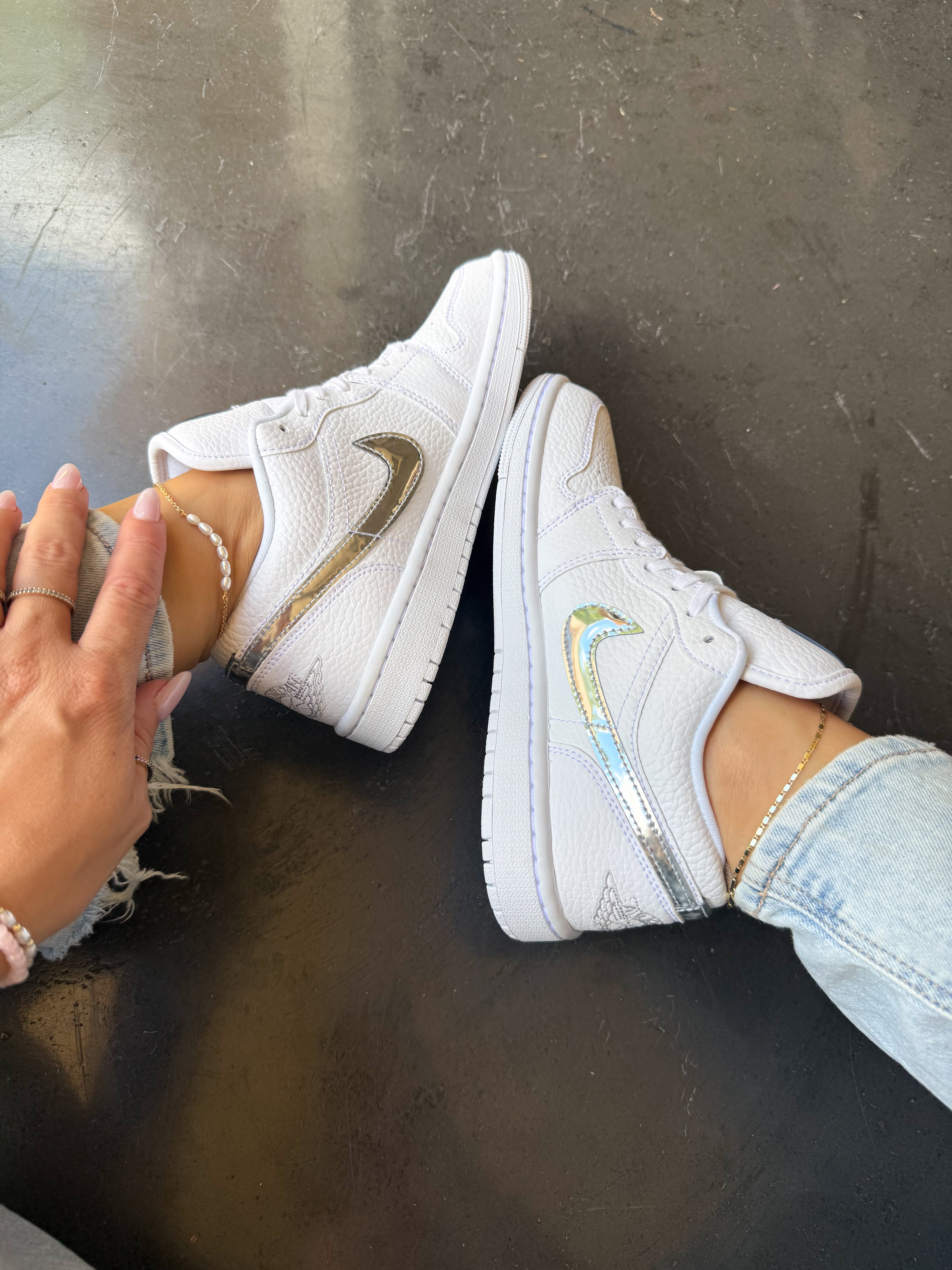 White Metallic Swarovski Women’s Air Jordan 1 Low Shoes