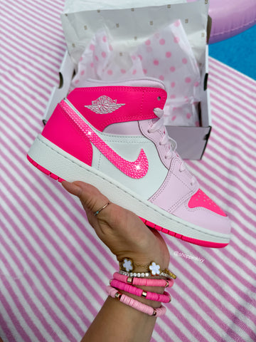 SIZE 7 Bubblegum Barbie Pink Denim Swarovski Women’s Air Jordan 1 Mid Shoes