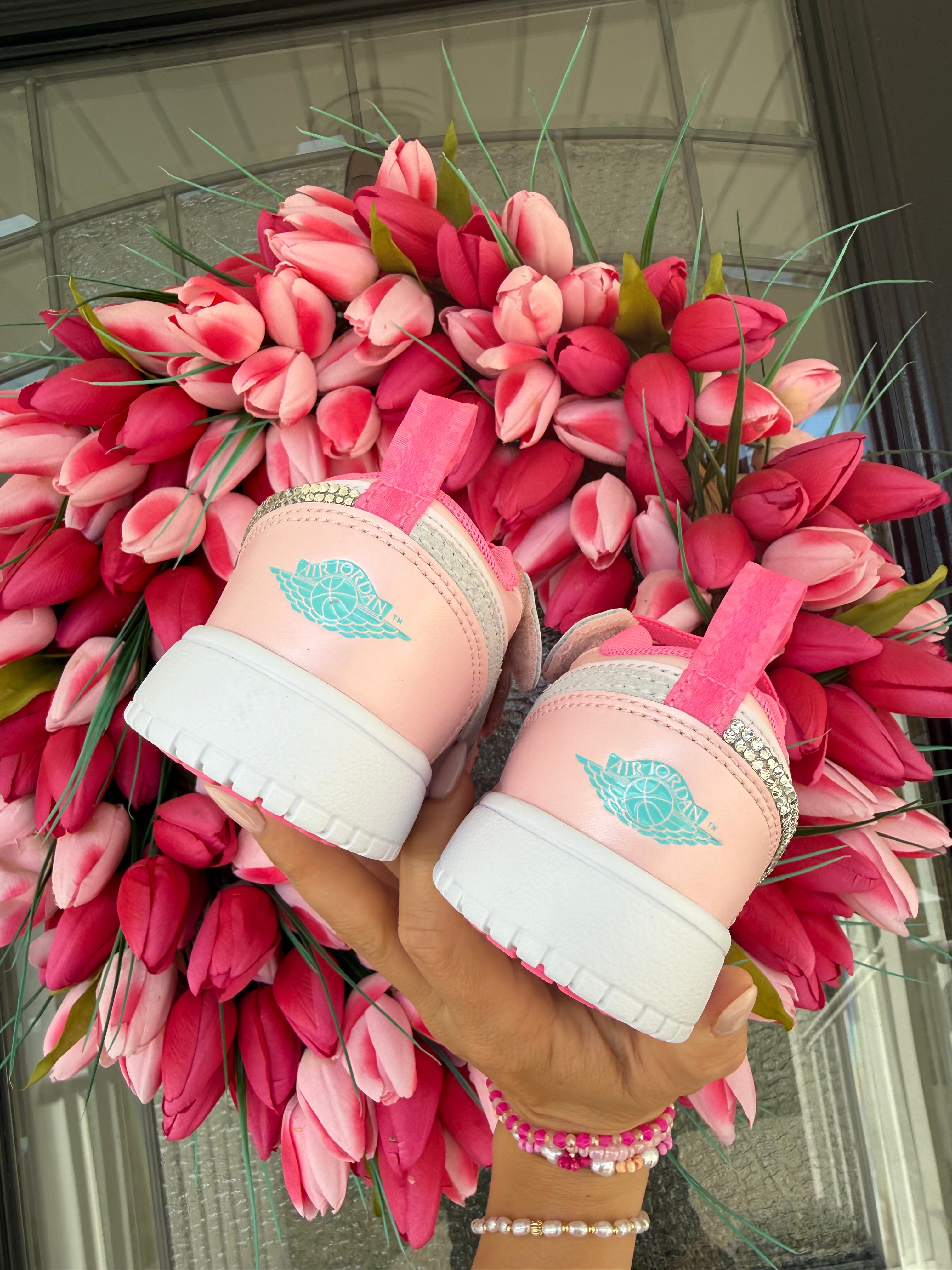 Pink Floral Swarovski Air Jordan 1 Low Shoes
