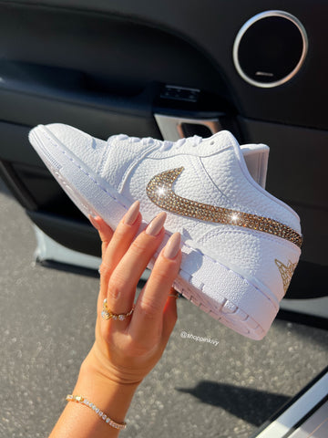 White Gold Swarovski Women’s Air Jordan Retro 1 Low Shoes