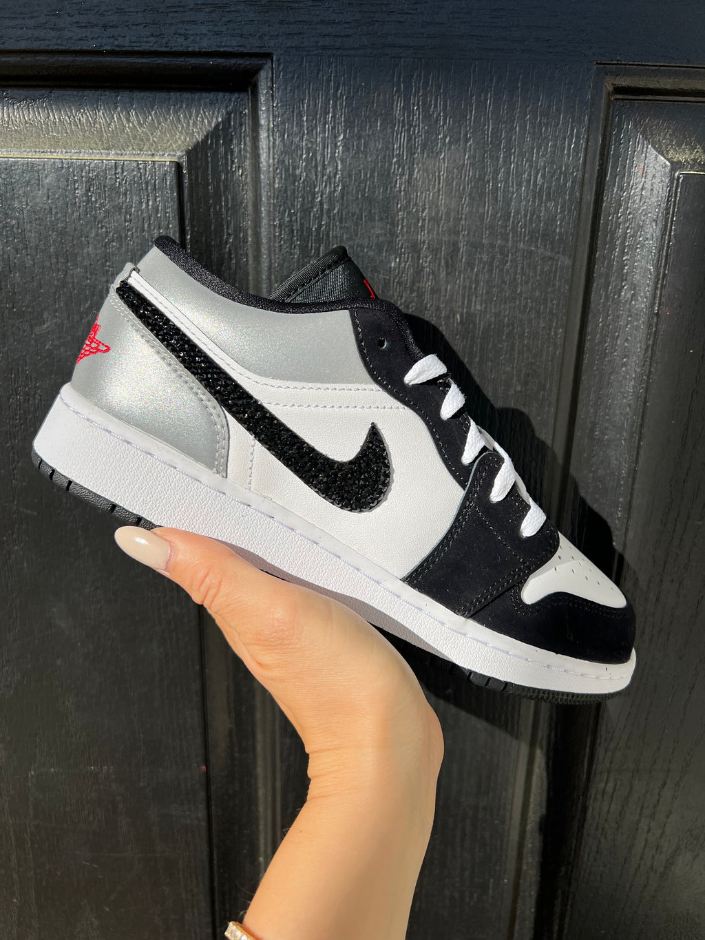 White Black Metallic Swarovski Women’s Air Jordan 1 Low Shoes
