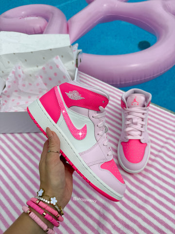 SIZE 7 Bubblegum Barbie Pink Denim Swarovski Women’s Air Jordan 1 Mid Shoes