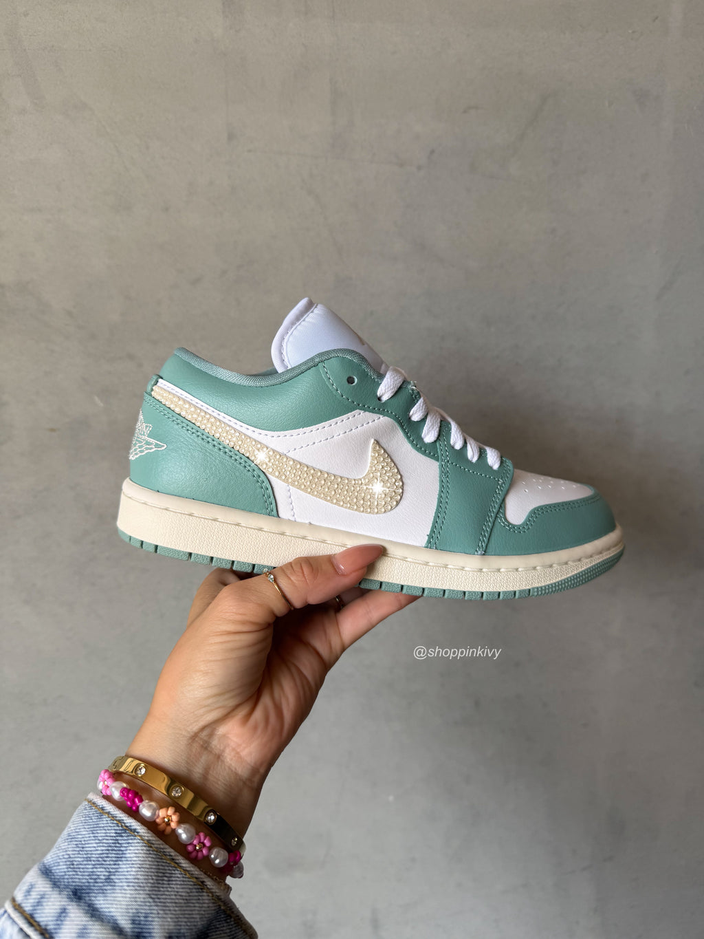 NEW Sage Linen Swarovski Women’s Air Jordan Retro 1 Low Shoes