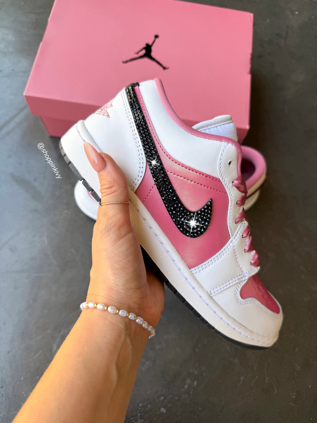 New Pink Black Swarovski Women’s Air Jordan 1 Low Shoes