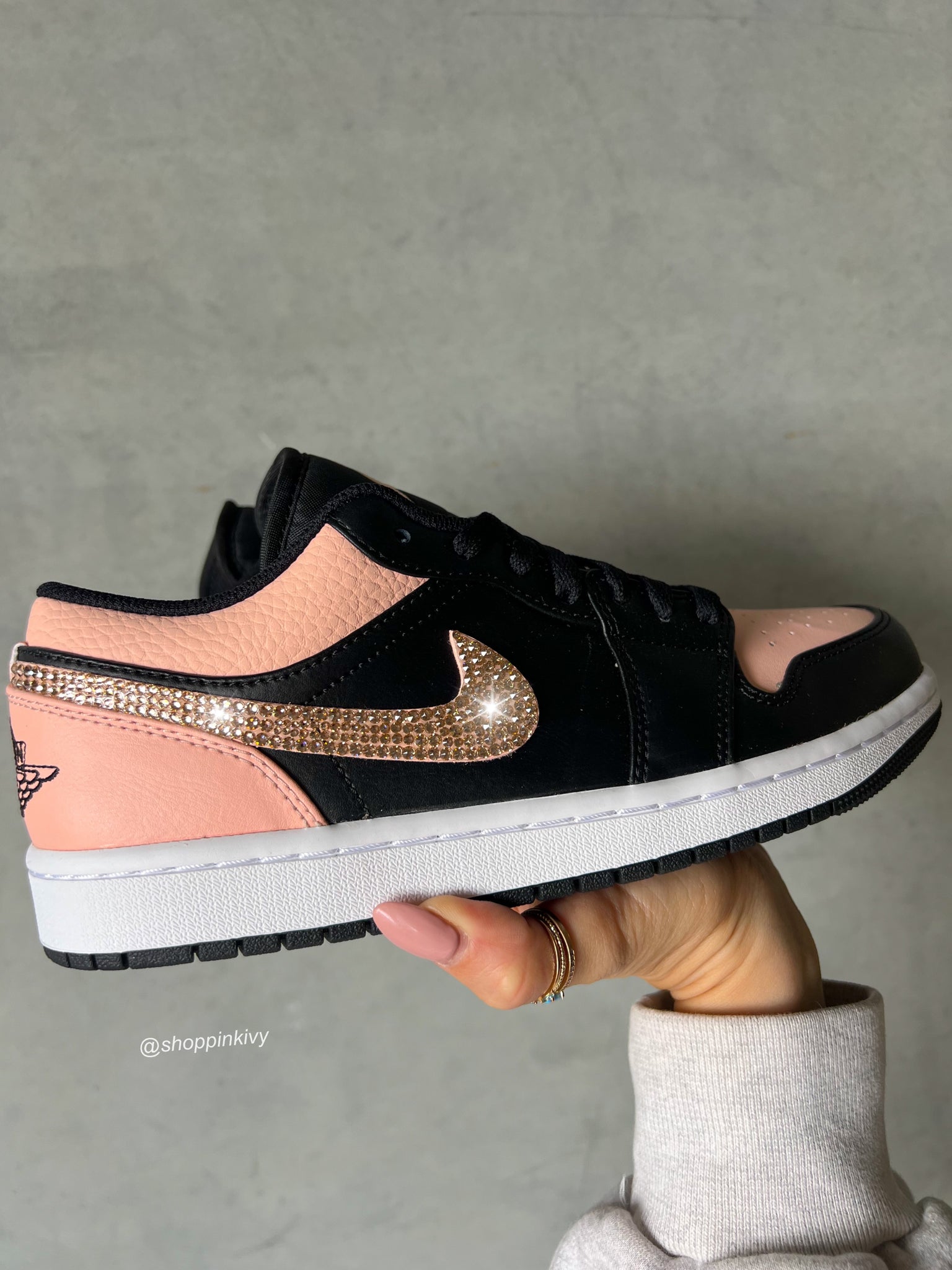 Rare Peach Pink Swarovski Women s Air Jordan 1 Low Shoes Women s 5.5 Four Logos Peach Pink