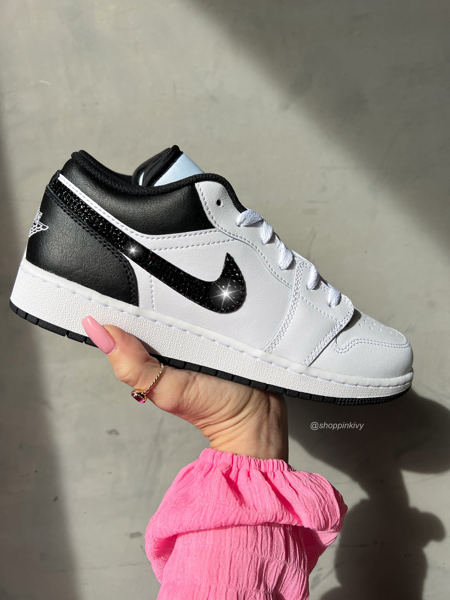 White and Black Swarovski Women’s Air Jordan 1 Low Shoes
