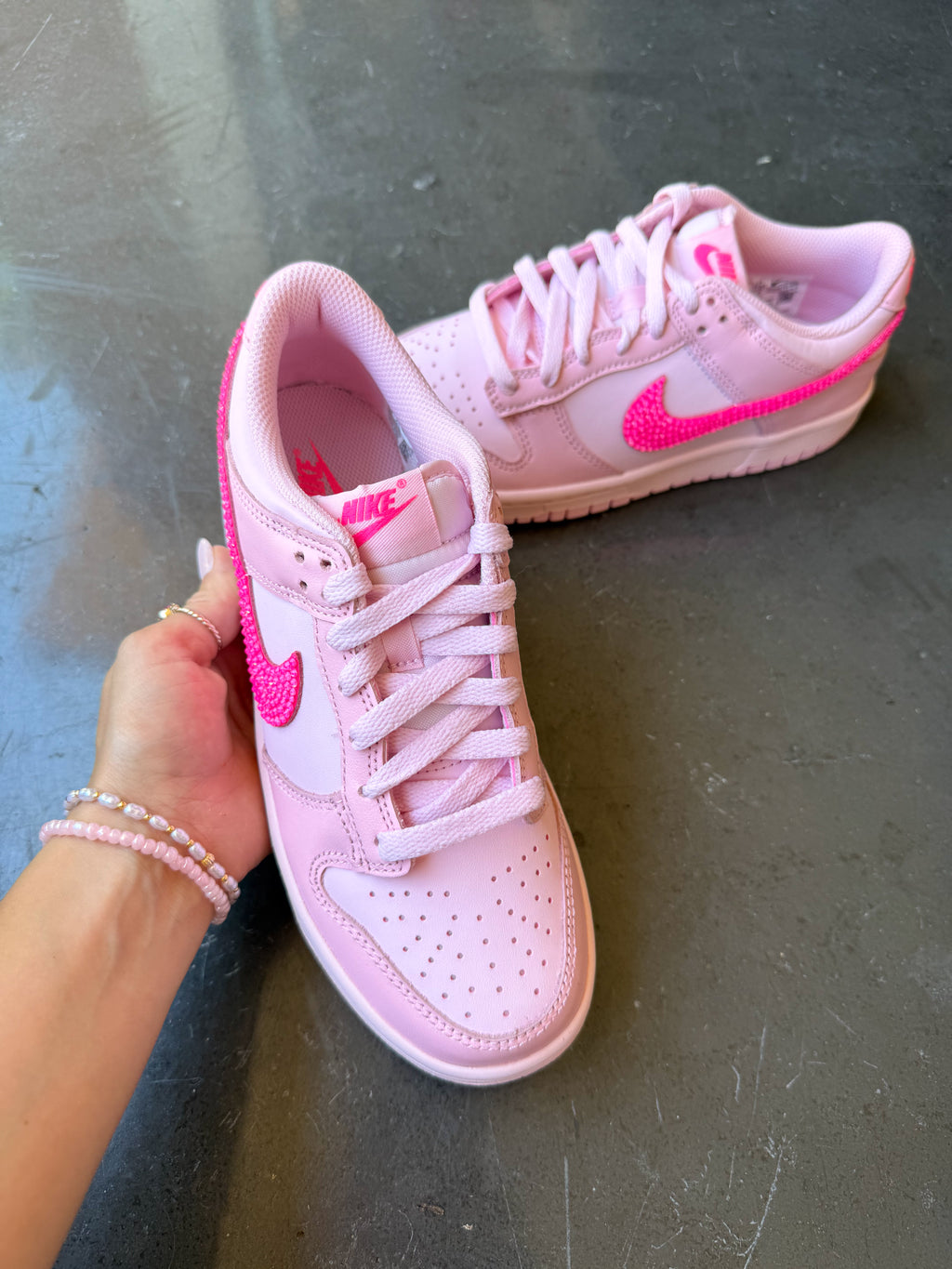 SIZE 7 Bubblegum Baby Pink Swarovski Womens Nike Dunk Shoes