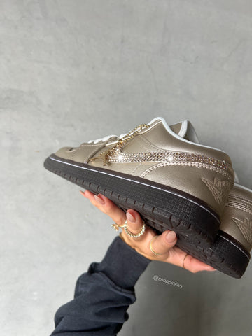 Fall ‘24 Champagne Gold Swarovski Women’s Air Jordan Retro 1 Low Shoes