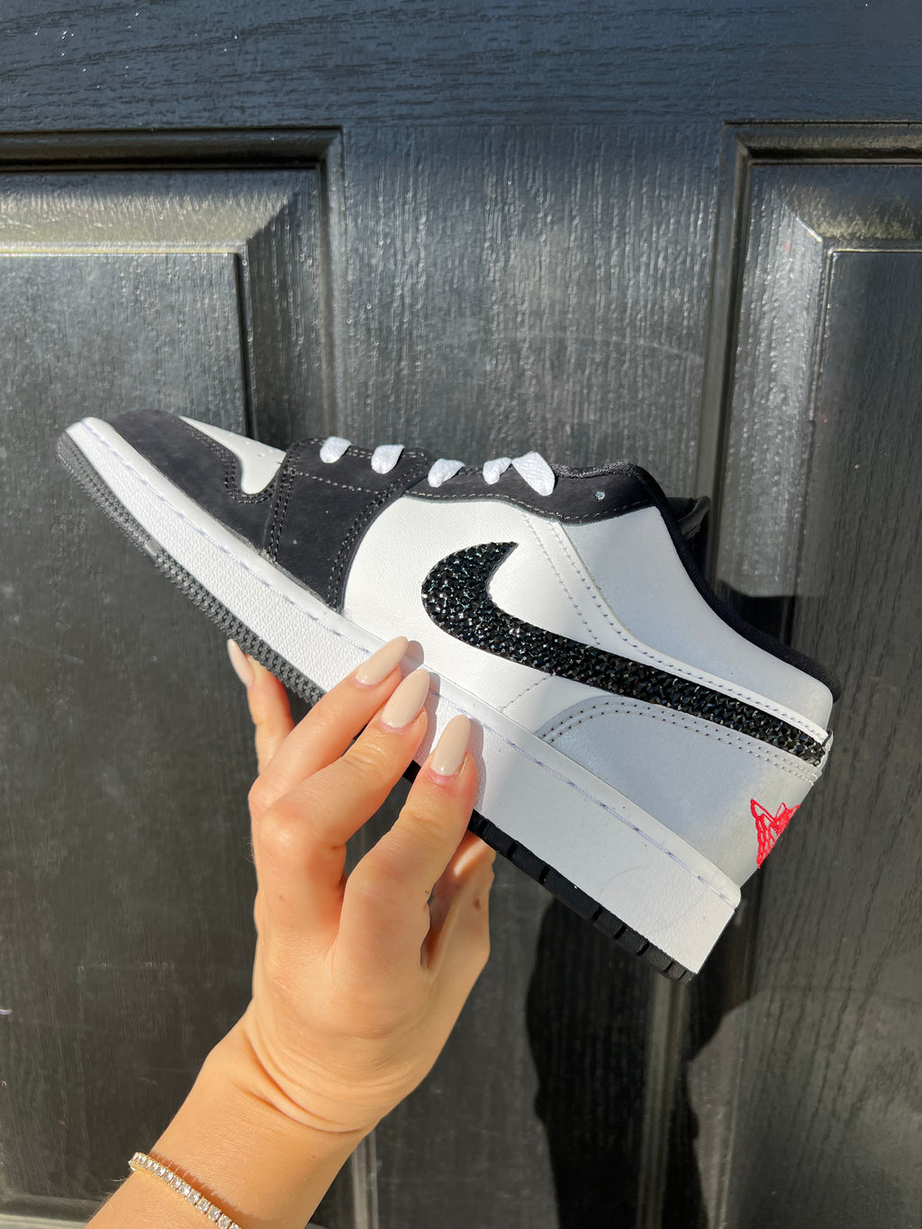 White Black Metallic Swarovski Women’s Air Jordan 1 Low Shoes