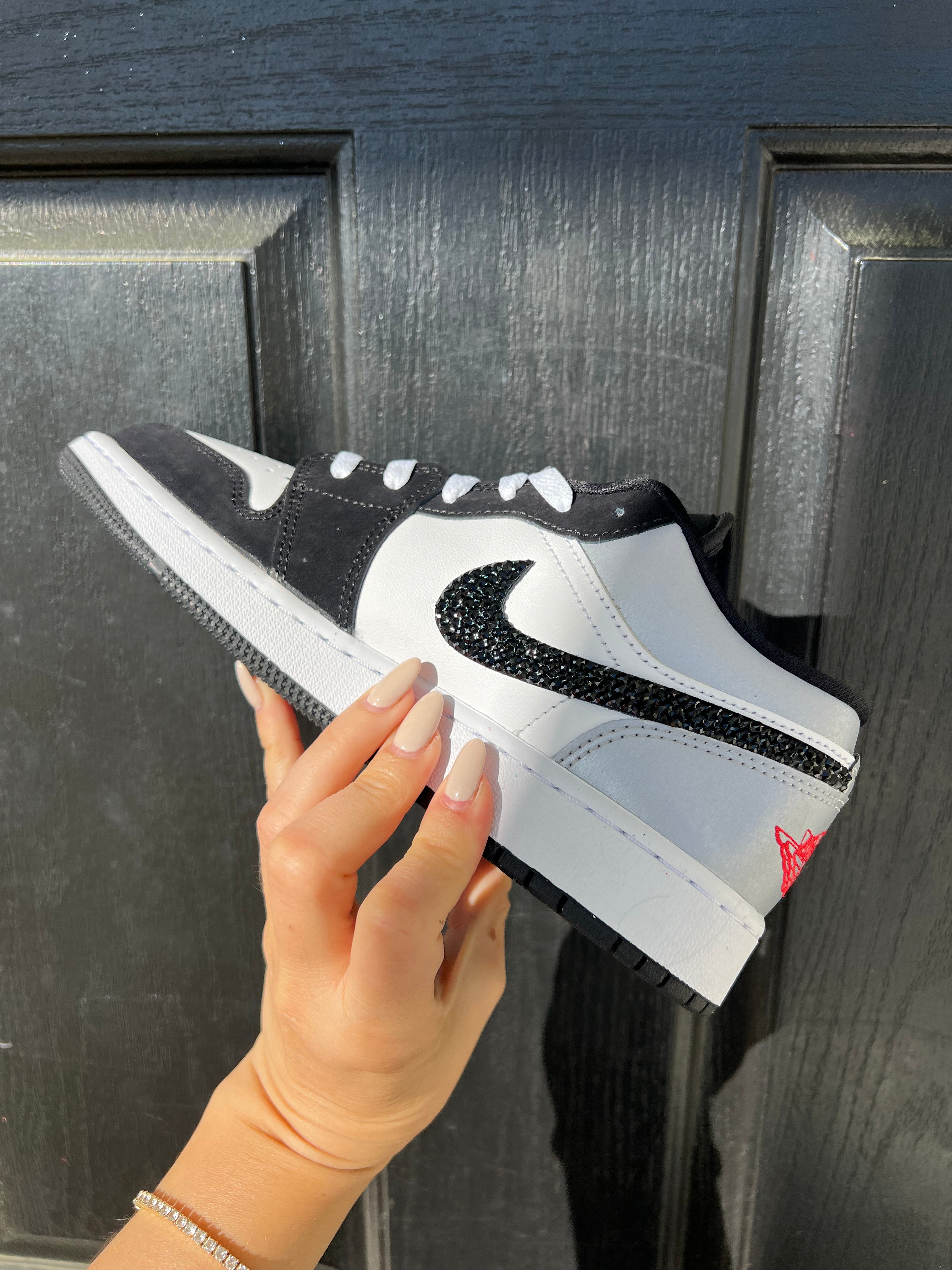 White Black Metallic Swarovski Women’s Air Jordan 1 Low Shoes