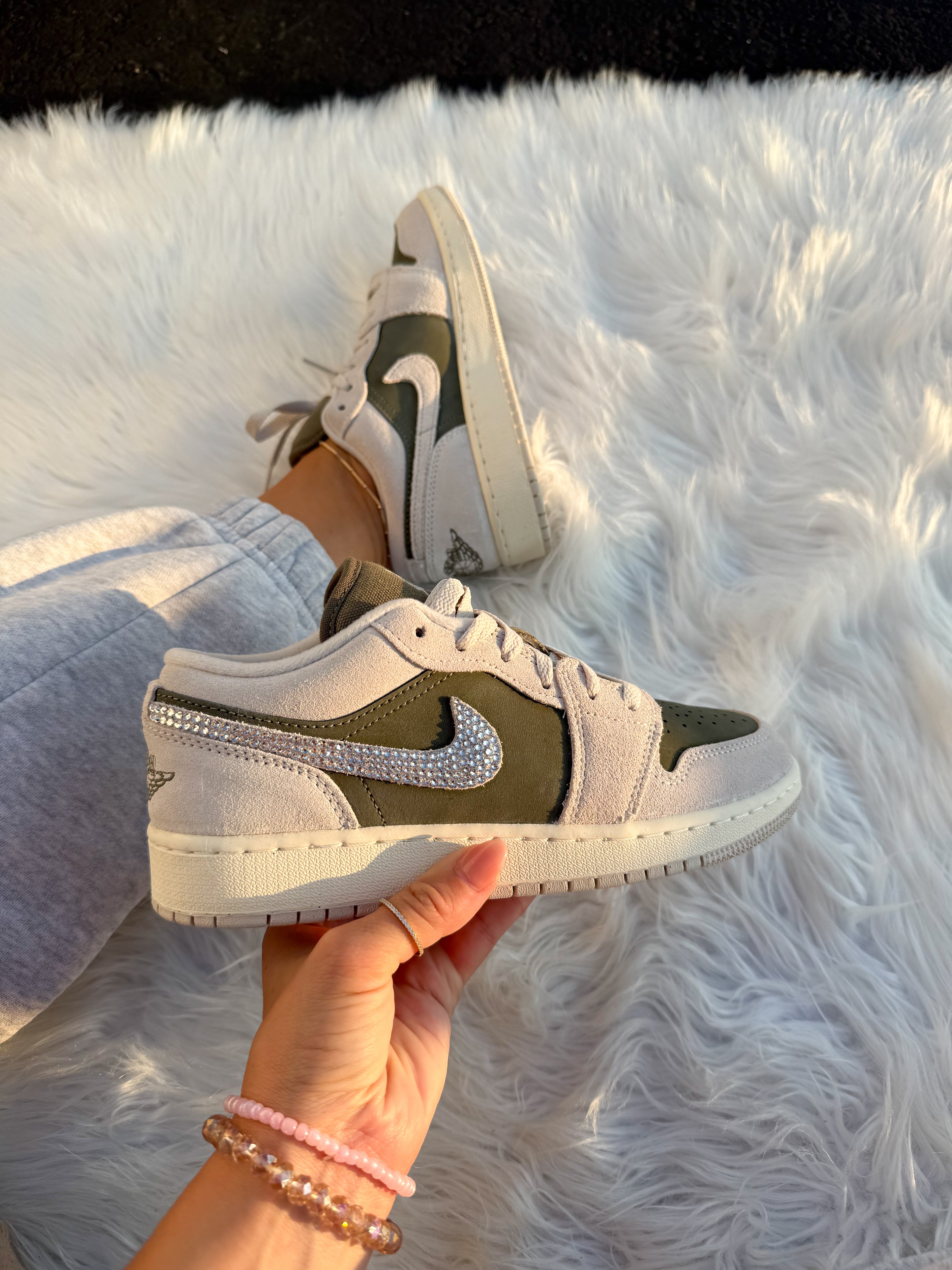 Army Green Swarovski Women’s Air Jordan 1 Low Shoes