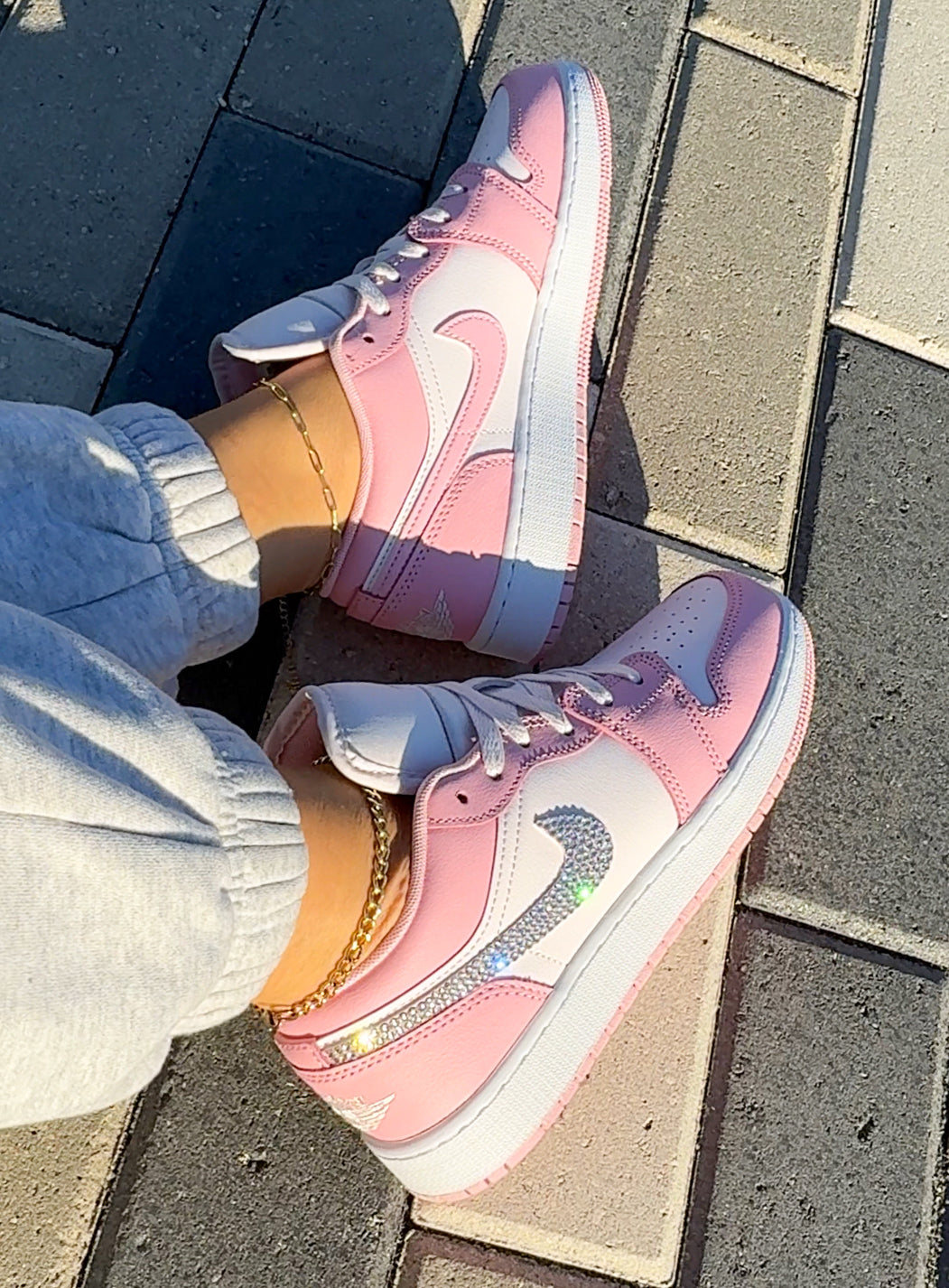 Ballet Pink and White Swarovski Women’s Air Jordan 1 Low Shoes