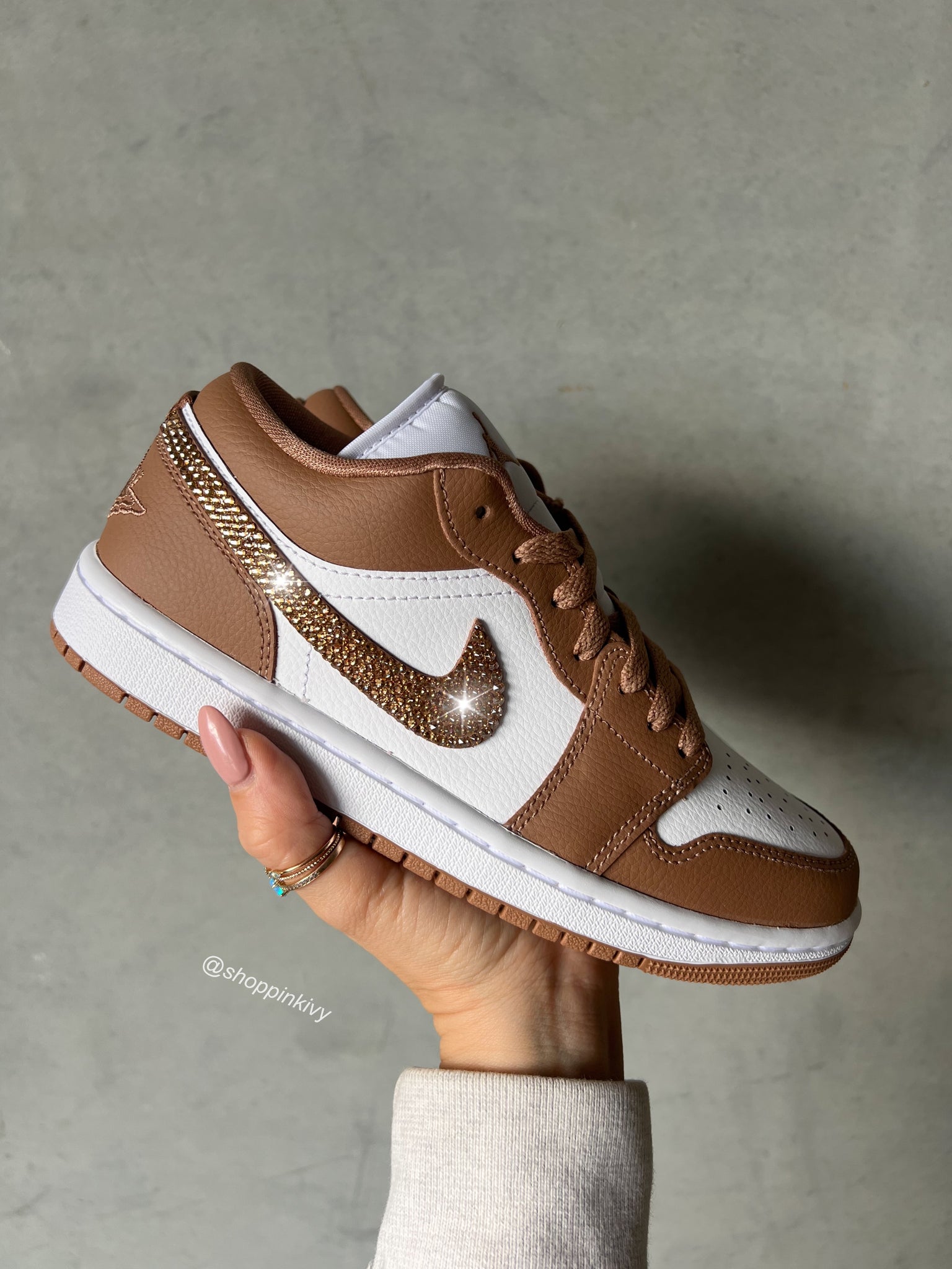 Caramel Brown Gold Swarovski Women s Air Jordan Retro 1 Low Shoes Women s 8.5 All Four Logos Gold