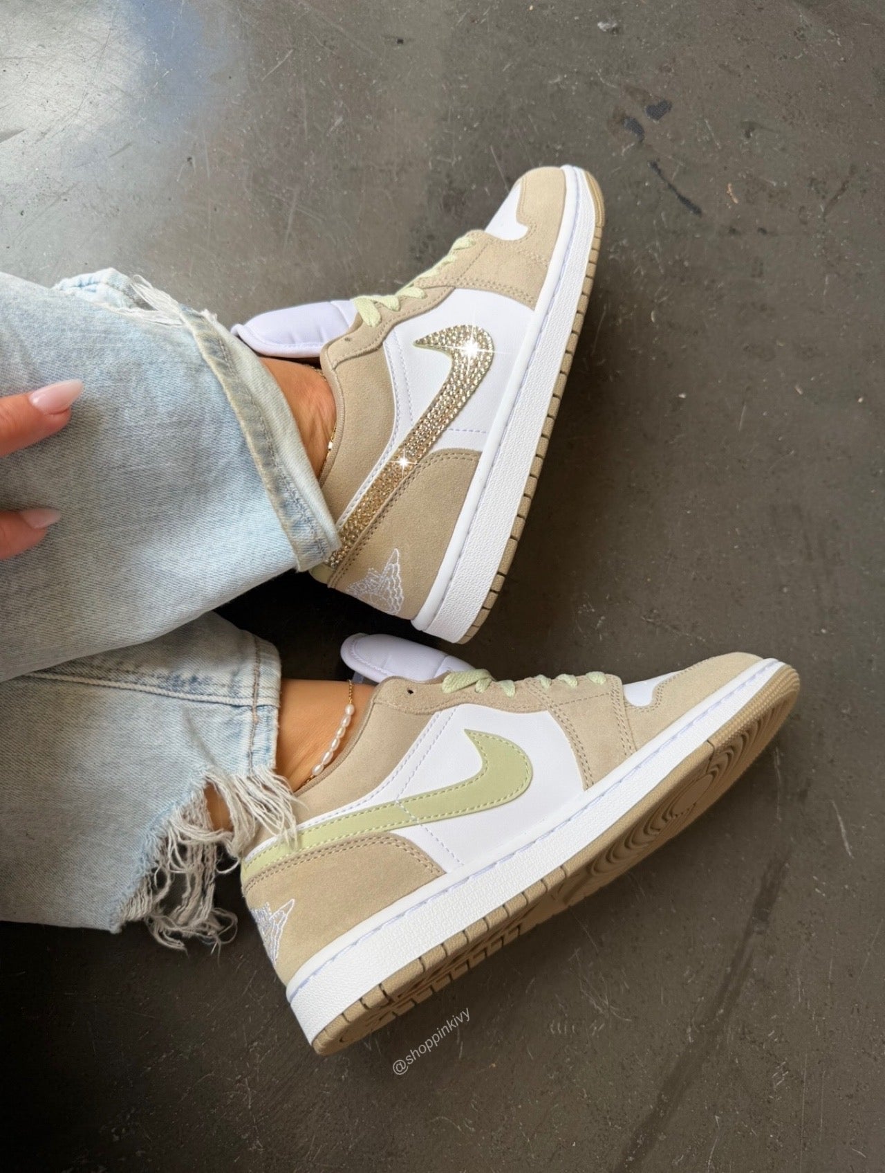 NEW Fall Khaki Gold Swarovski Women’s Air Jordan 1 Low Shoes