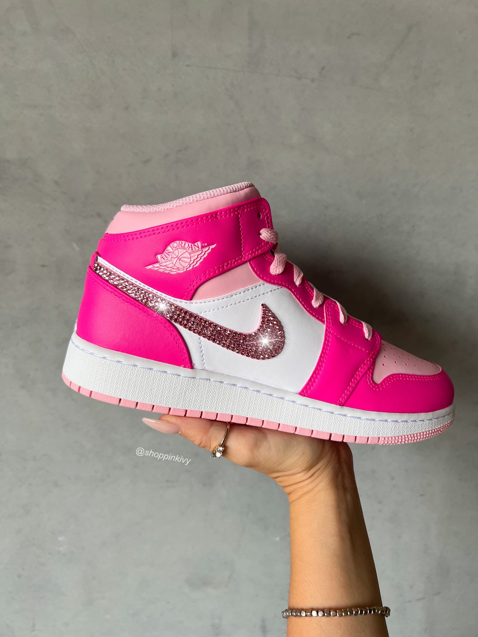 Pink Swarovski Women s Air Jordan 1 Mid Shoes Pink Ivy