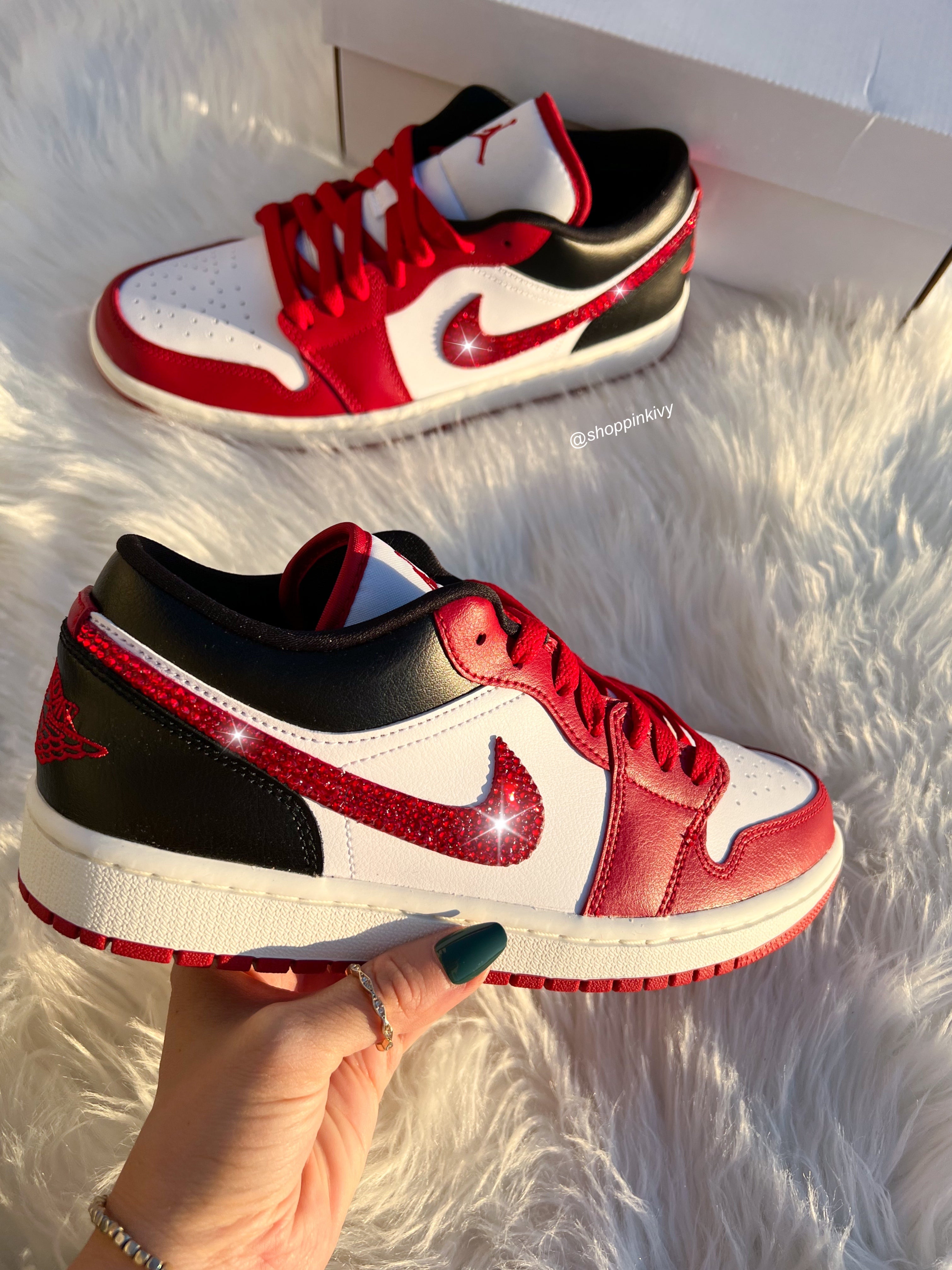 Red Swarovski Women’s Air Jordan Retro 1 Low Shoes Americana