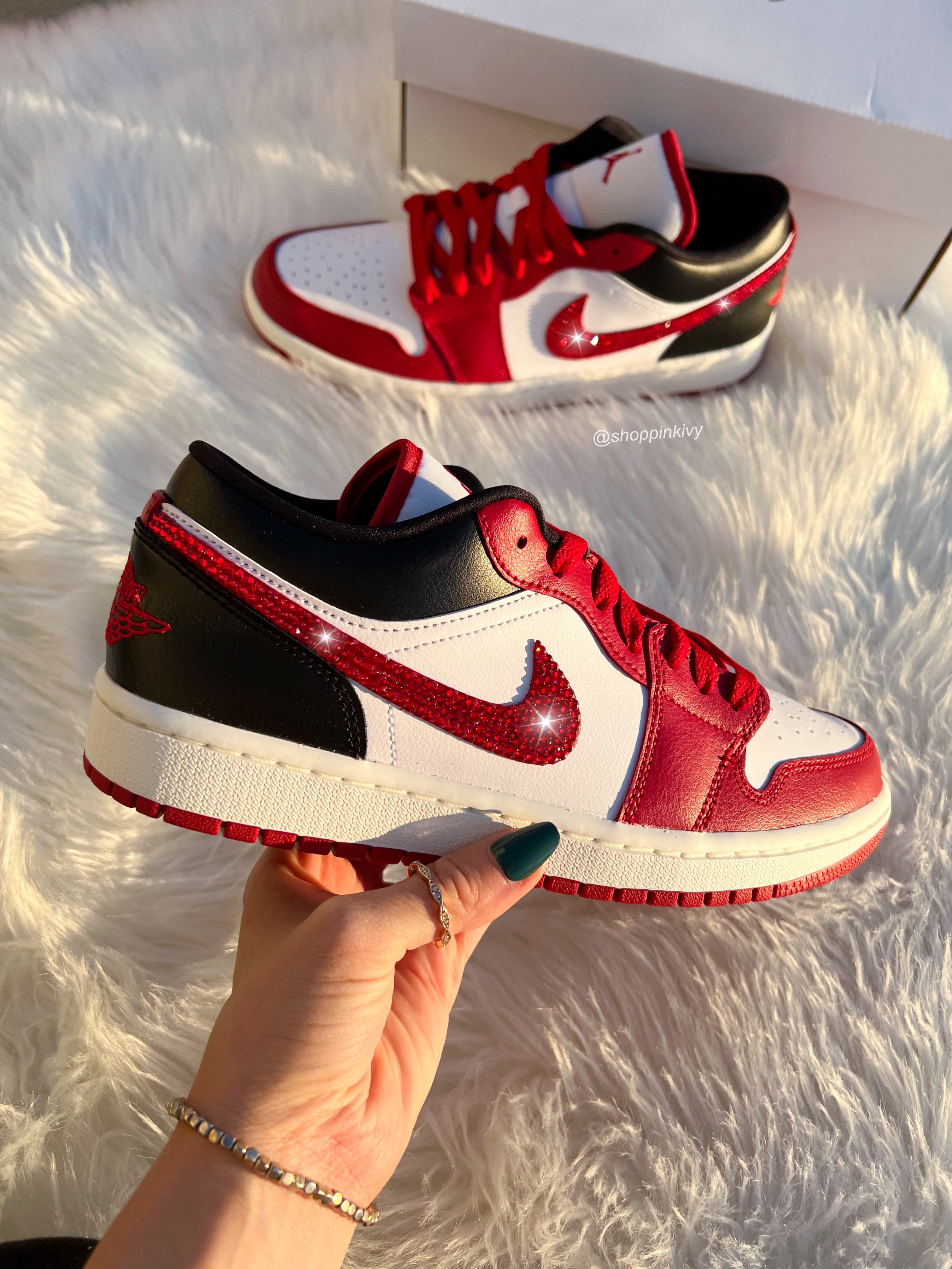 Red Swarovski Women’s Air Jordan Retro 1 Low Shoes Americana