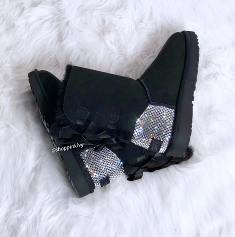 Black Ugg Boots Double Bailey Bow with Swarovski Crystals