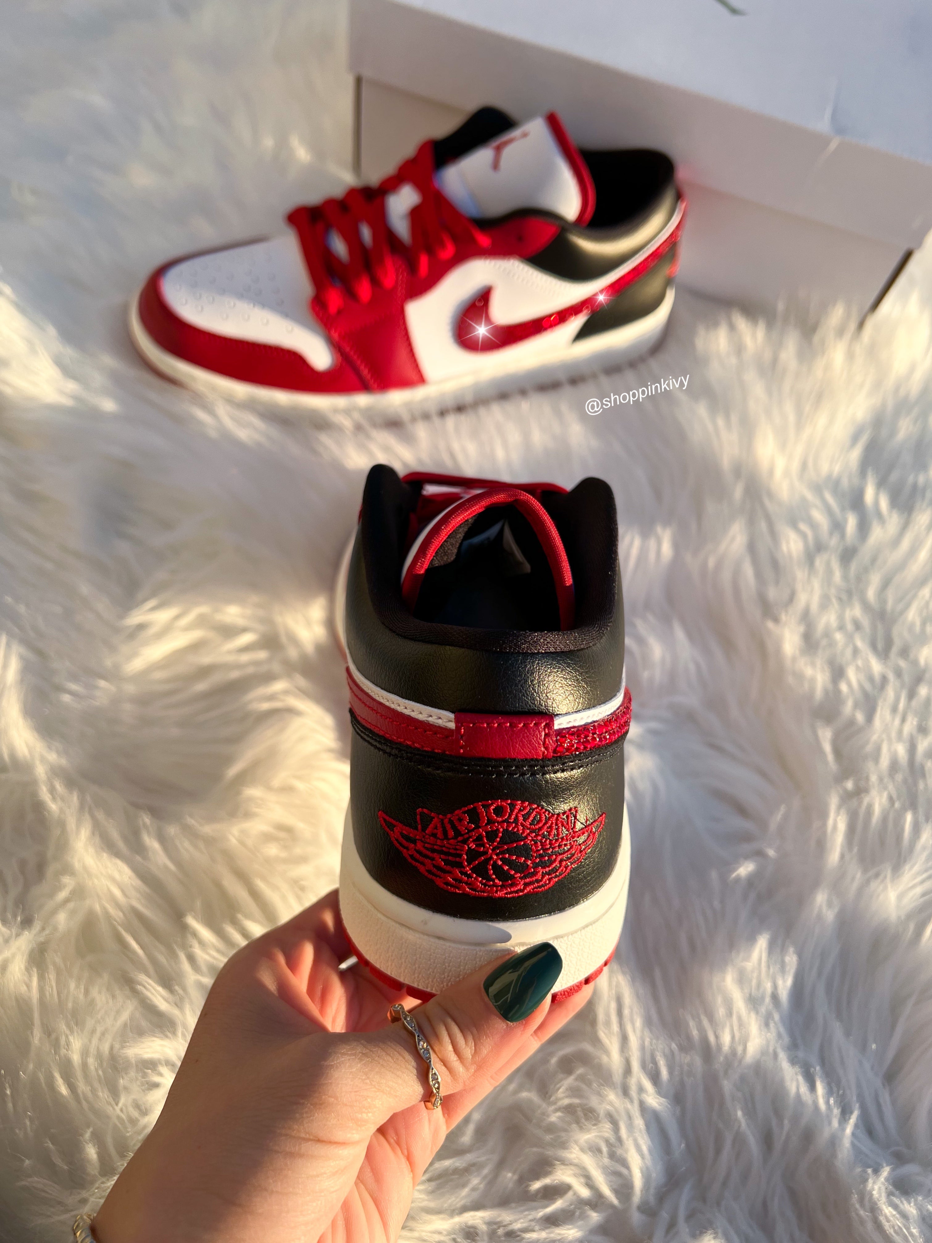 Red Swarovski Women’s Air Jordan Retro 1 Low Shoes Americana